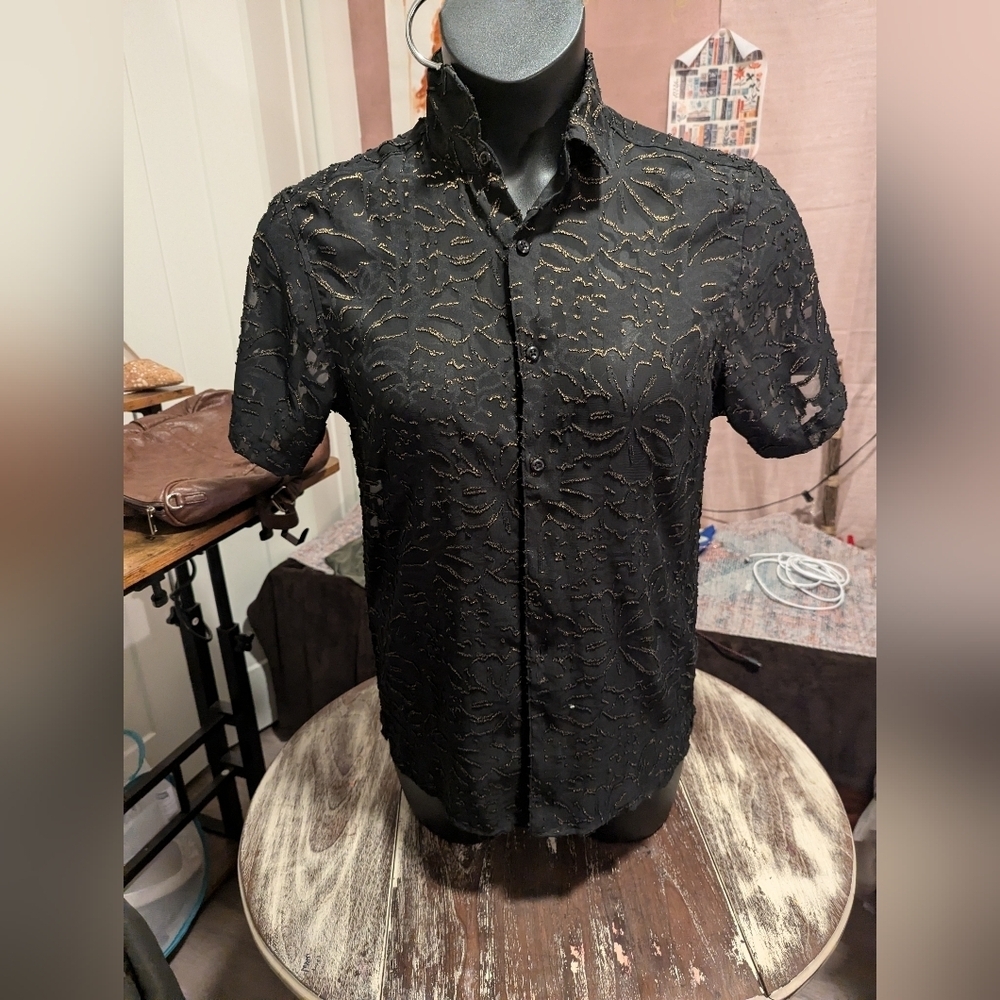I.N.C international concepts black floral mesh top‎ size XS